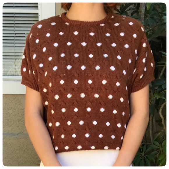 Vintage Sweaters - WORTHINGTON Vintage White Polka Dot Ramie Cotton Knit Shirt Short Sleeve Sweater
